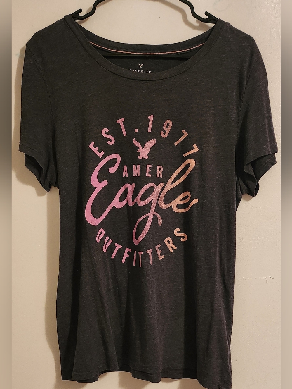 American Eagle Graphic Tee in Charcoal with Pink Ombre Logo